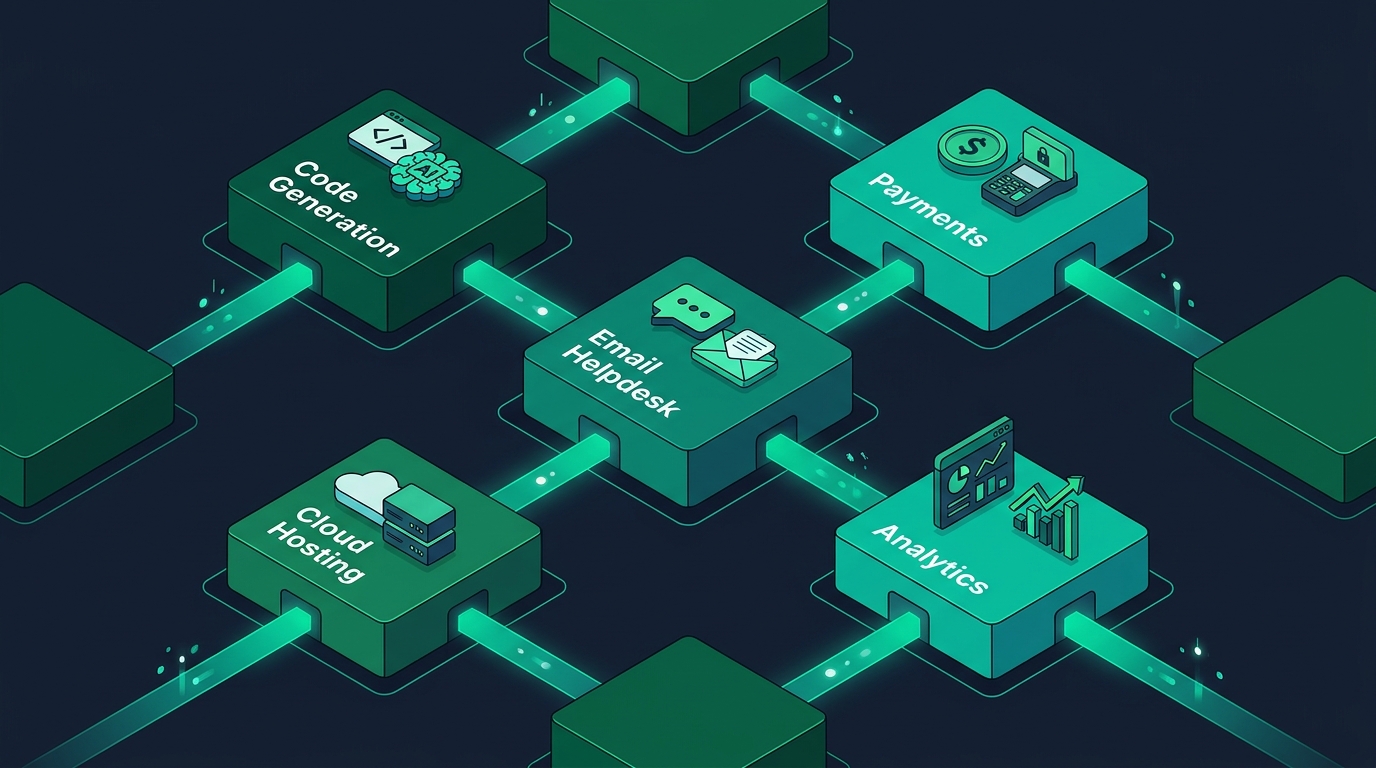 Modular AI indie hacker tech stack diagram connecting development, payments, analytics, and email helpdesk