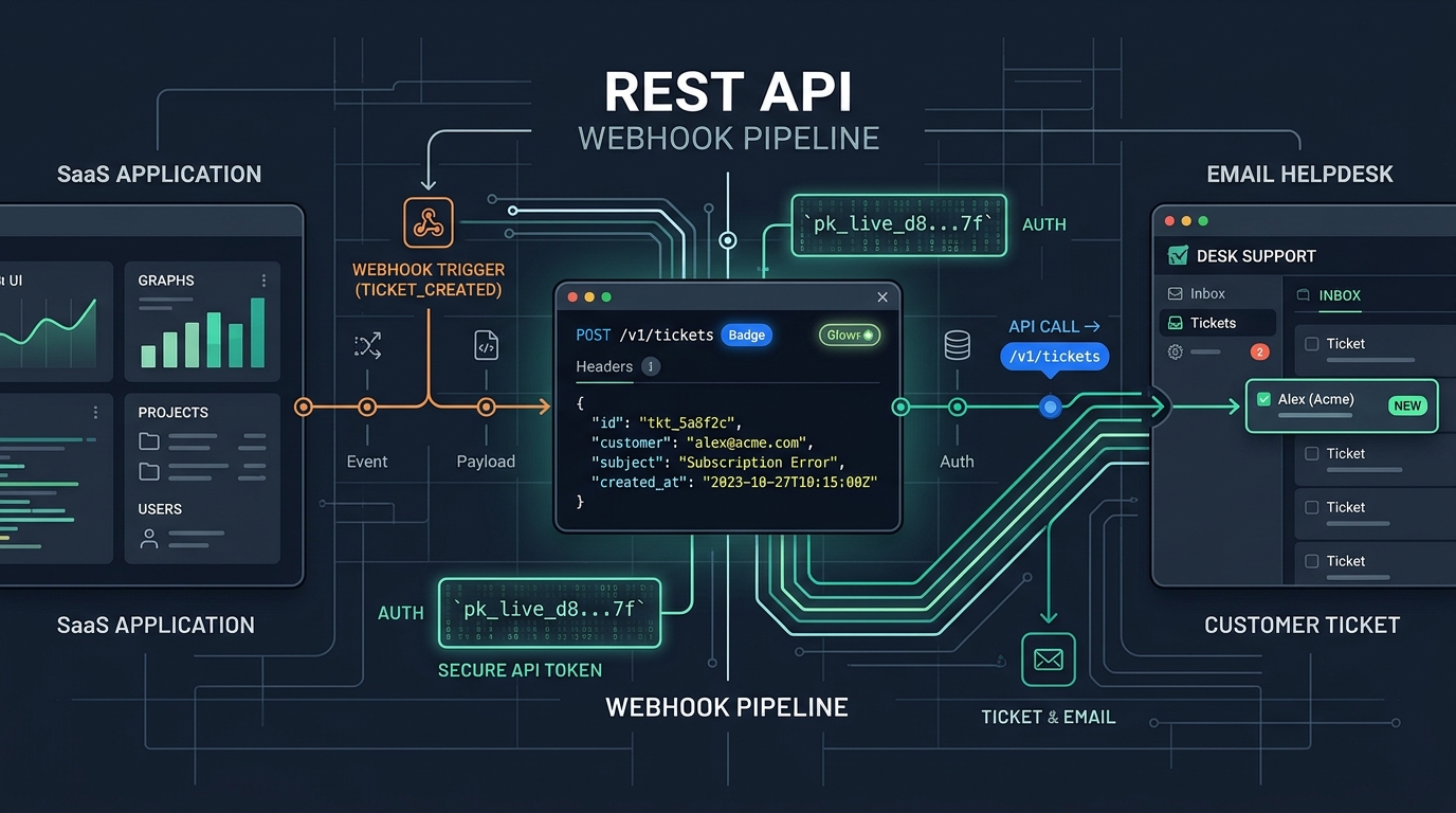 Developer architecture diagram connecting SaaS backend application to email helpdesk via REST API and webhooks