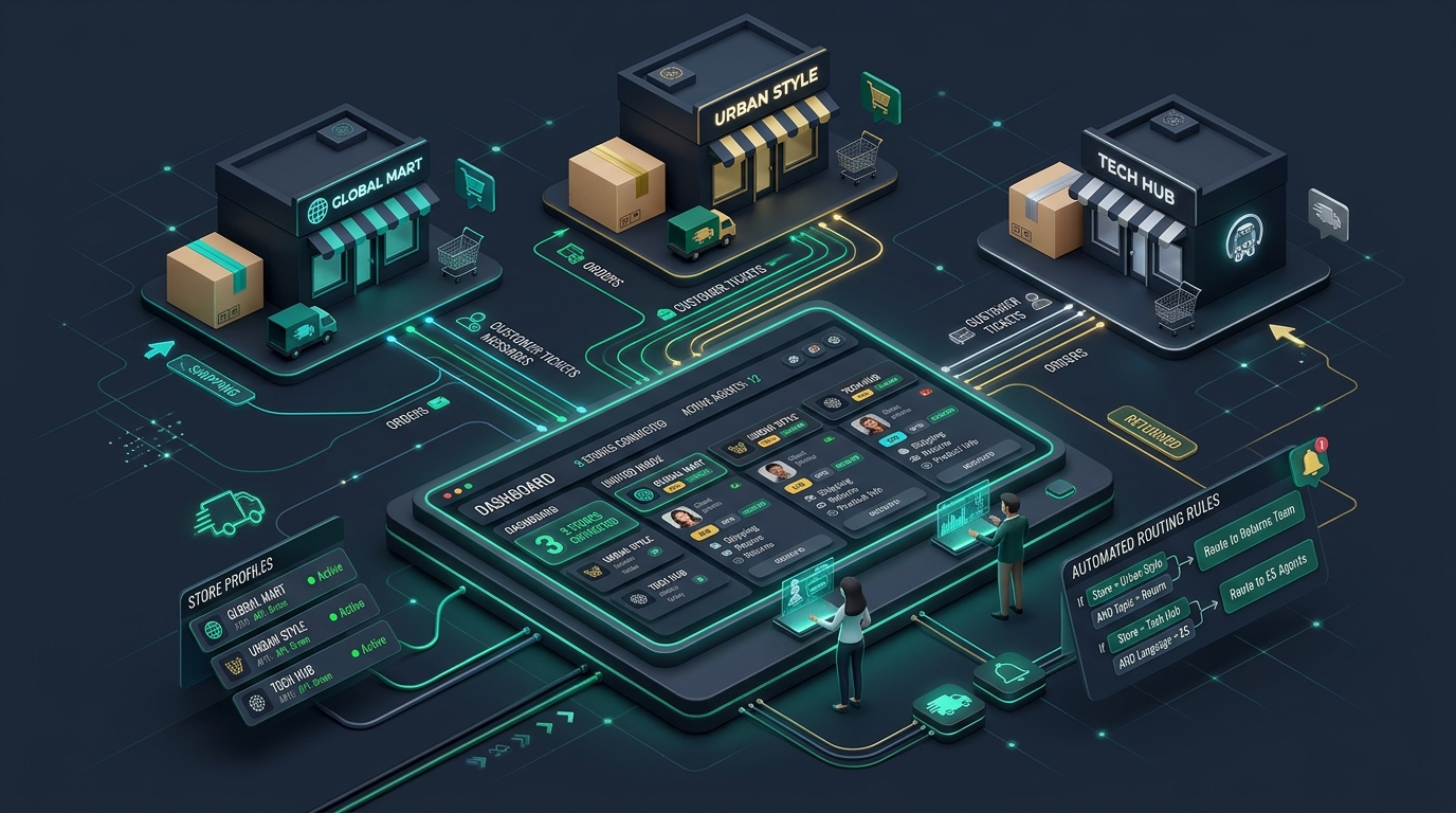 Multi-store ecommerce customer support dashboard managing orders, returns, and delivery inquiries across online storefronts