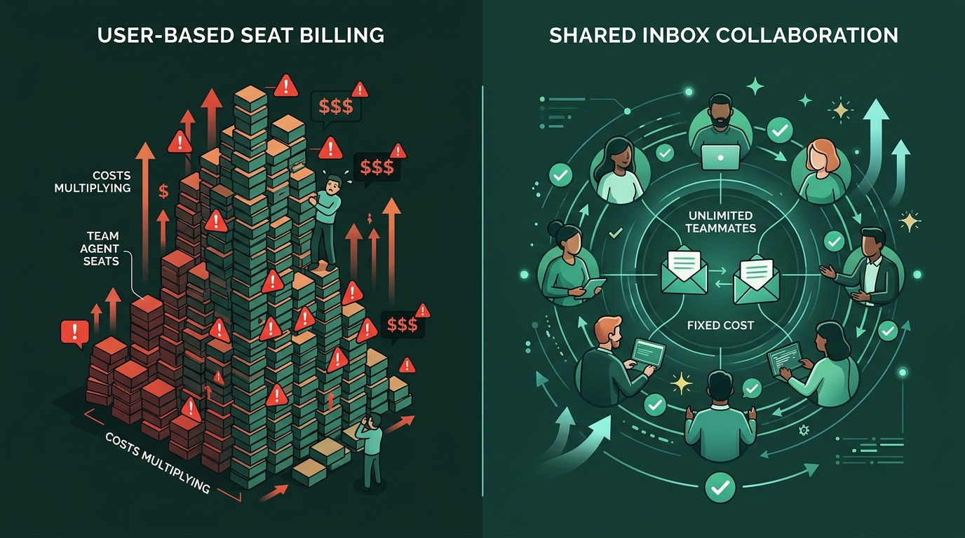 Infographic contrasting user seat billing multiplying costs versus shared inbox collaboration at fixed cost