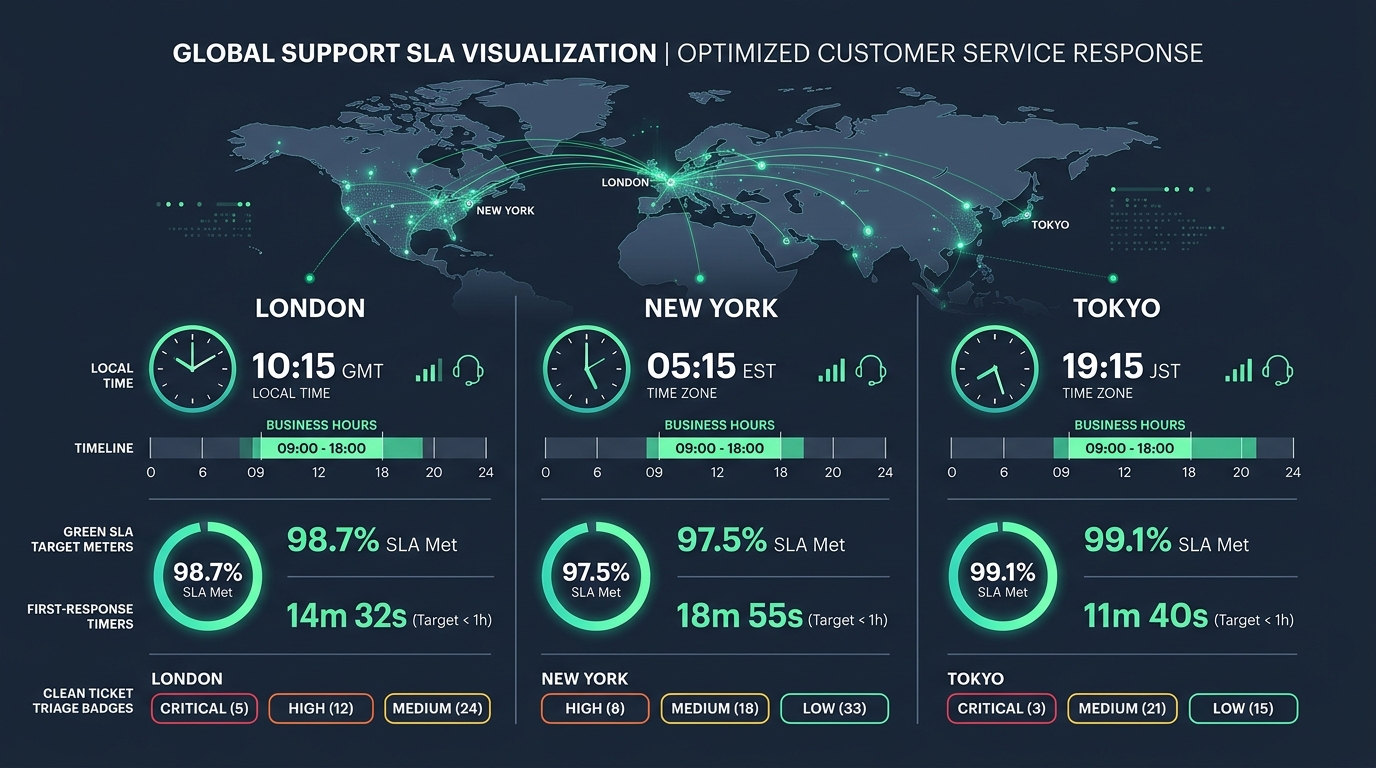 Global support SLA dashboard showing business hours and response targets across London New York and Tokyo